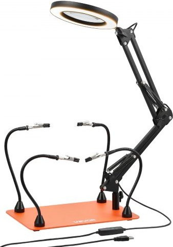 VEVOR Löthilfe Dritte Hand mit magnetischer Lötstation, 4 flexiblen Armen, 3-facher LED-Vergrößerungslampe und rutschfester Basis in Orange - Bild 1