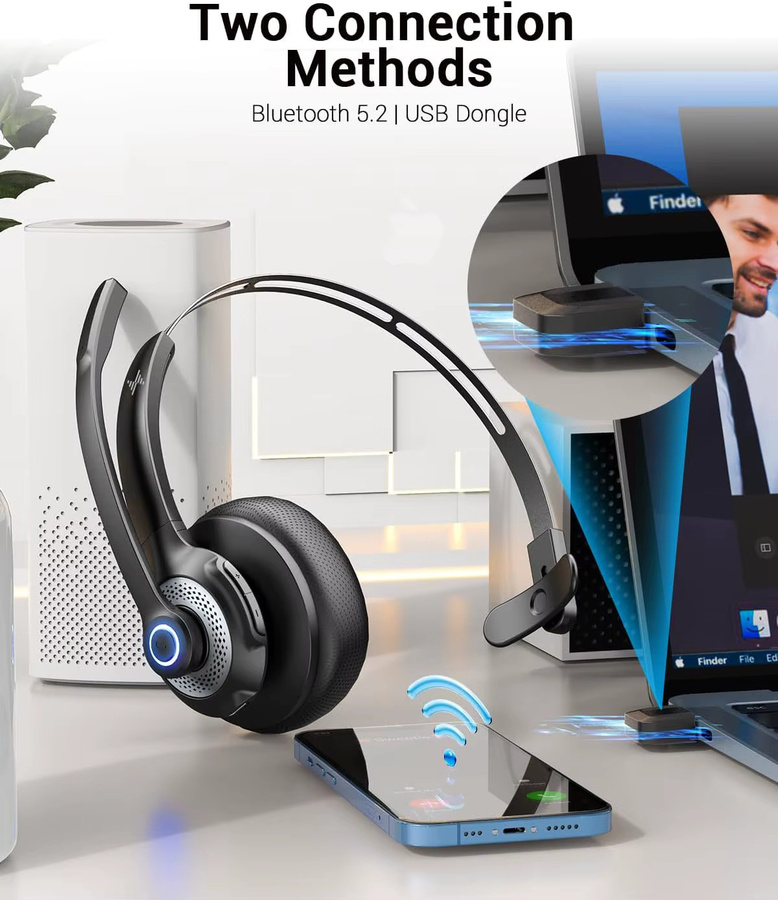 JIAMQISHI Bluetooth 5.2 Headset mit Mikrofon und USB-Dongle in Schwarz für PC und Laptop - Bild 2