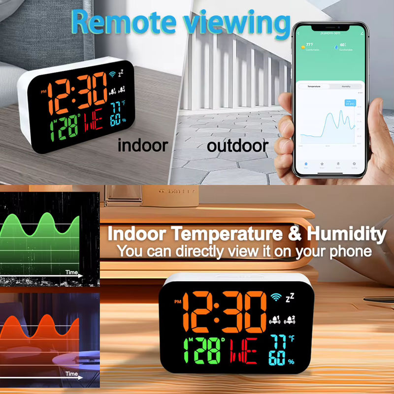 Tuya Smart Desktop Uhr mit Kalender, digitalem LED-Display, Thermometer und Hygrometer, WiFi-Unterstützung mit Auto-Kalibrierung, Weiß - Bild 4
