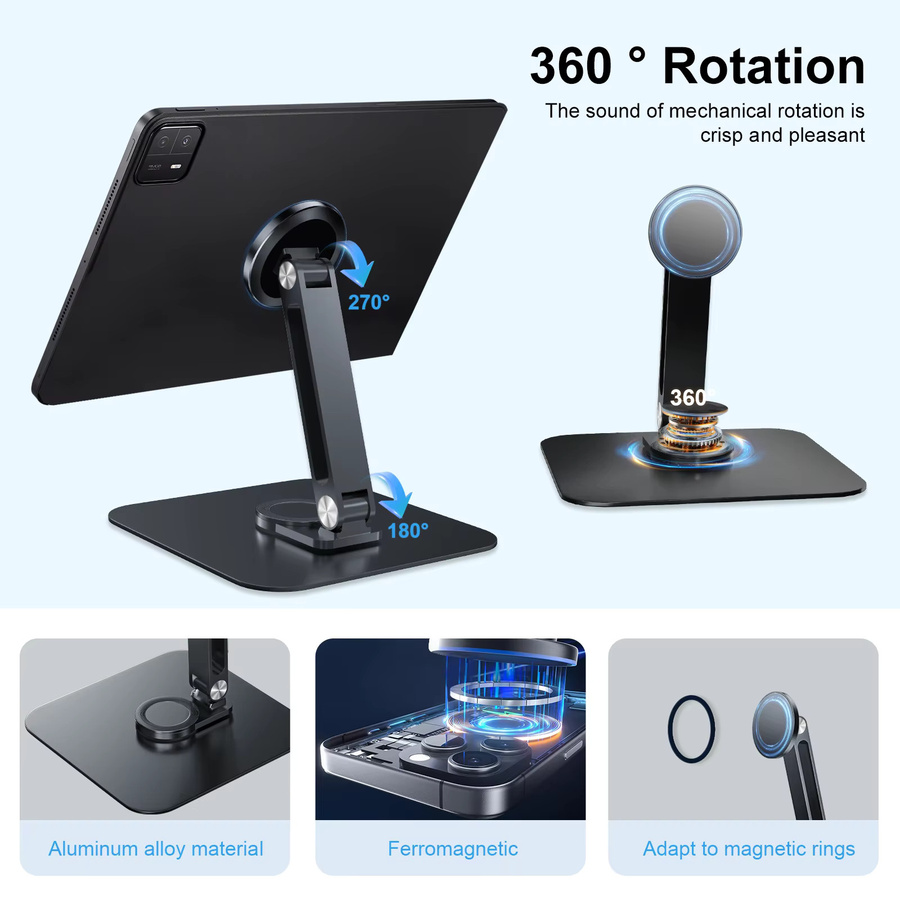 UNEW Magnetischer 360 Grad Drehbarer Monitorständer aus Metall in Schwarz für Tablets und Smartphones von 7 bis 21,5 Zoll - Bild 4