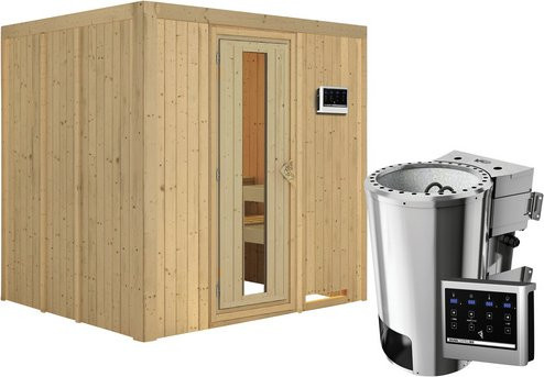 Karibu Sauna Olai aus Fichtenholz mit 3,6 kW Saunaofen und externer Steuerung für 3 Personen, beige - Bild 1
