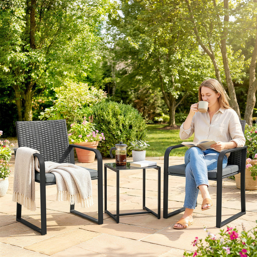 Outsunny 3-teiliges Garten-Set aus Rattan in Grau mit 2 Stühlen inklusive Kissen und Tisch mit Glasplatte - Bild 2