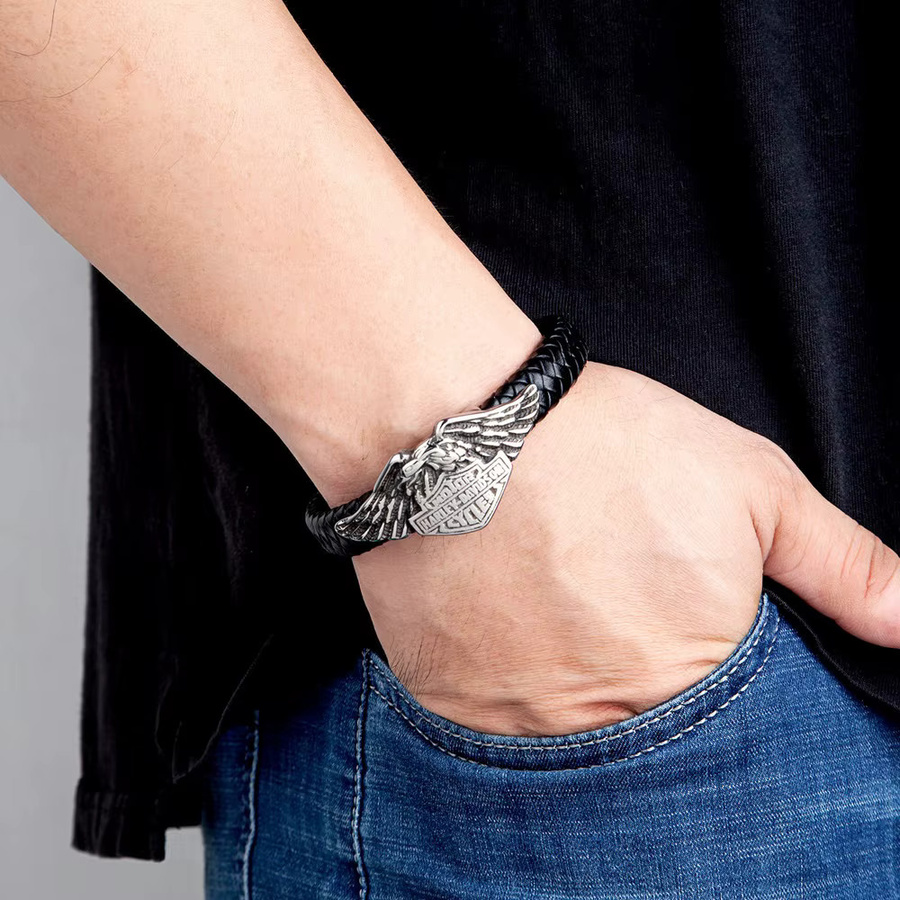 Harley Davidson Armband, geflochtenes Echtleder, Schwarz, Herren - Bild 4