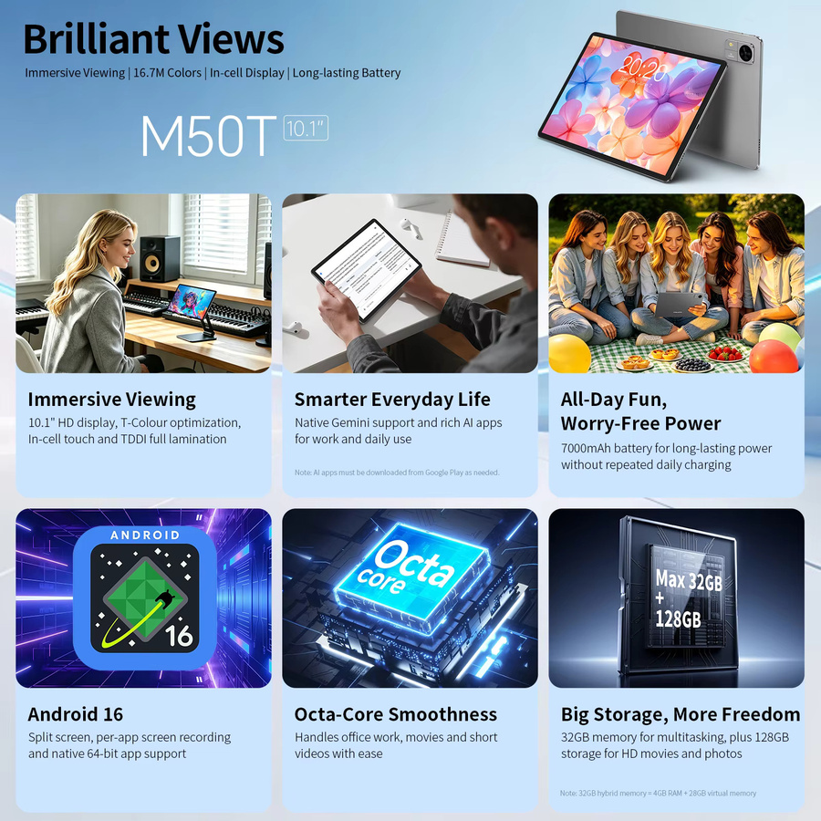 Teclast M50T Tablet mit 10,1 Zoll IPS-Bildschirm, Android 16, 4 GB RAM, 128 GB ROM, 7000 mAh Akku, Grau - Bild 2