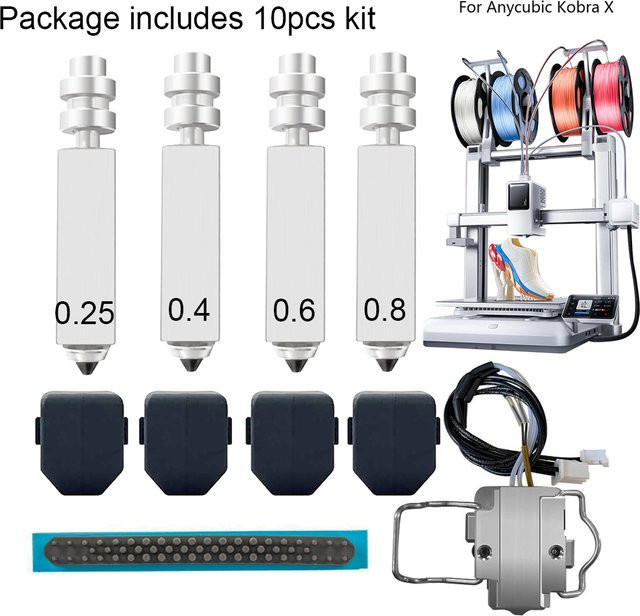 HzdaDeve Hotend-Kit für Kobra X Combo mit integrierten Düsen aus gehärtetem Stahl und Heizbaugruppen in Silber (0,25 mm, 0,4 mm, 0,6 mm, 0,8 mm) - Bild 1