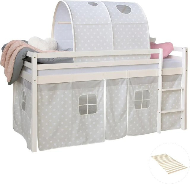 Homestyle4u Hochbett aus Kiefernholz mit Lattenrost und Tunnel in Weiß, B/T/H: 90 x 200 x 175 cm - Bild 1