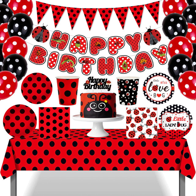 EsenTroye Party-Set Marienkäfer-Thema mit Polka-Dot-Muster in Rot und Schwarz für Kindergeburtstage und Babypartys - Bild 1