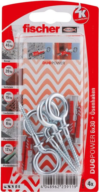 Fischer DuoPower Dübel mit Ösenhaken, 4 Stück, Durchmesser: 6 mm, Länge: 30 mm, Farben: Grau und Rot - Bild 1