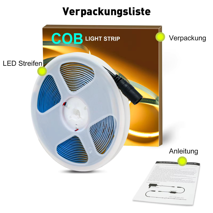 Oeegoo COB-LED-Streifen mit 2400 LEDs, 2 m Länge, 24 V, Warmweiß 3000 K, selbstklebend - Bild 4