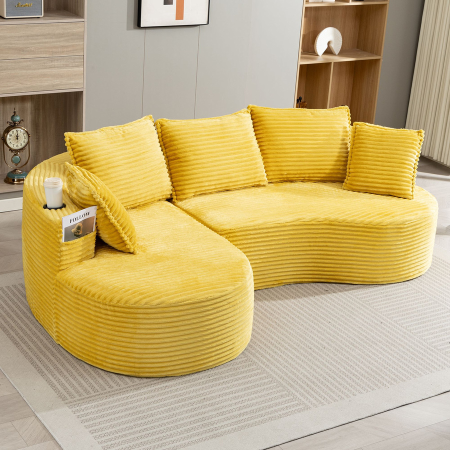 GOMYWAY Home Ecksofa aus Cord in Gelb mit Getränkehaltern, Seitentaschen und Kissen, B/T/H: 250 x 152 x 82 cm - Bild 2
