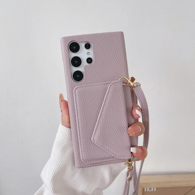 Crossbody Leder Handyhülle für Samsung Galaxy S22 S23 S24 S25 Ultra A15 A25 A34 A35 A54 A55 als Brieftasche mit Kartenhalter in Grau - Bild 1