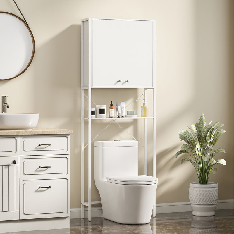 HOMCOM Badezimmer Überbau für WC mit Schrank und offenen Regalen, platzsparendes Regal mit Metallbeinen, Weiß, B/T/H: 64 x 20 x 180 cm - Bild 2