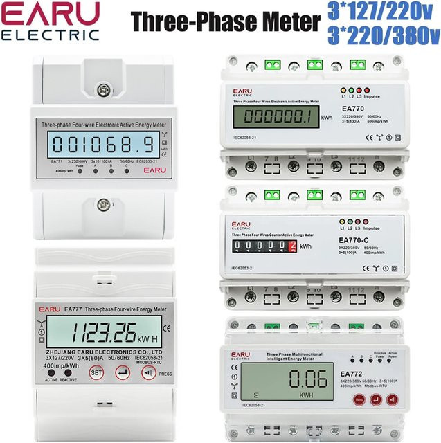 EARU Dreiphasiger vieradriger elektronischer Aktivenergiezähler kWh Stromverbrauchsmonitor für DIN-Schiene, Farbe: Weiß, 3 * 5 (100) A, 50/60 Hz, LCD-LED - Bild 1