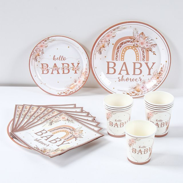 PATIMATE Babyparty Partygeschirr Set mit Tellern und Servietten in Boho Pampasgras und Blumenmuster, Mehrfarbig - Bild 1