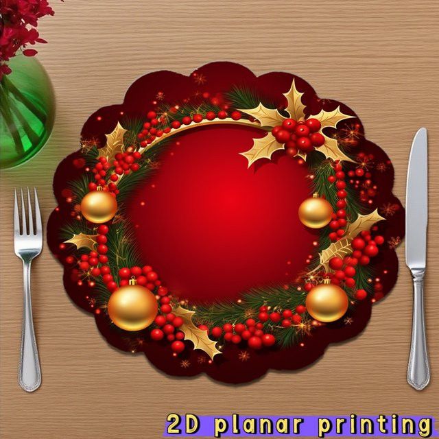 VIKAMA 4-teiliges Weihnachts-Tischset mit gewelltem Rand und Weihnachtskugeln in Rot - Bild 1