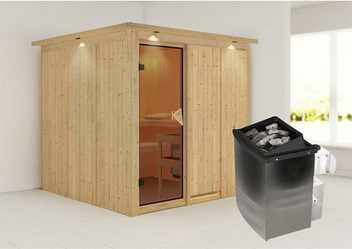 Karibu Sauna Valga aus Fichtenholz in Beige inklusive 9 kW Saunaofen mit integrierter Steuerung für 4 Personen, B/T/H: 210 x 202 x 210 cm - Bild 1