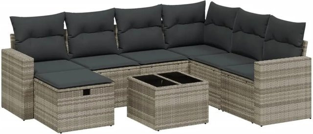vidaXL 8-teilige Garten-Sofagarnitur in L-Form aus Poly-Rattan mit Kissen und Couchtisch, Hellgrau - Bild 1