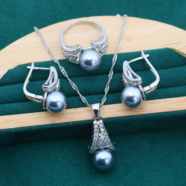 YIRAN Jewelry Ohrringe, Ringe, Halskette, Kupfer, Perle, Zirkonia, Grau - Bild 1