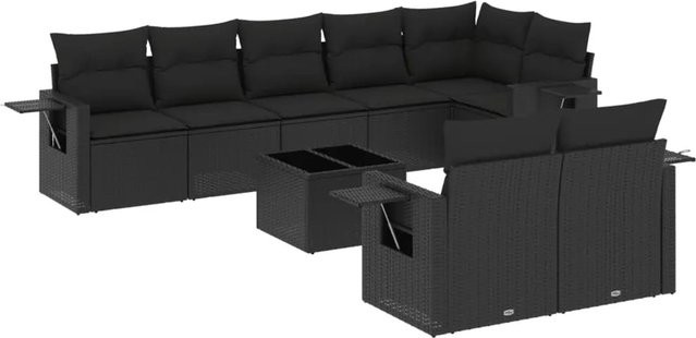 vidaXL 9-tlg. Garten-Sofagarnitur aus Poly-Rattan in Schwarz mit UV-beständigen Kissen und pulverbeschichtetem Stahlgestell - Bild 1