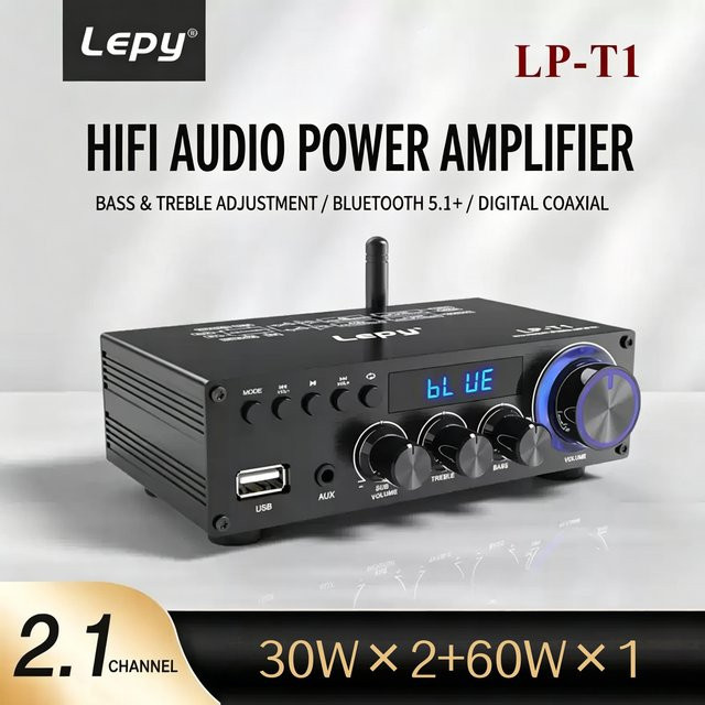 Lepy Stereo Verstärker mit Bluetooth 5.1 und USB in Schwarz, 2.1-Kanal HiFi-Sound mit Super Bass und Fernbedienung - Bild 1