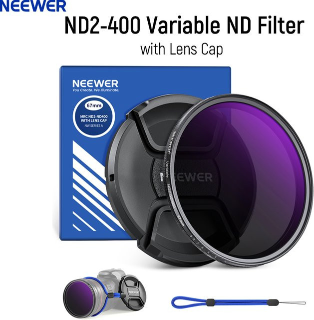 NEEWER ND2-400 variabler ND-Filter 67 mm in Schwarz mit Objektivdeckel, Umhängeband und Reinigungstuch aus optischem Glas - Bild 1
