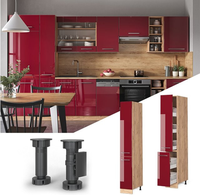 Vicco Apothekerhochschrank Fame-Line Küchenschrank in Eiche Rot Bordeaux Hochglanz mit Softclose-Scharnieren und internen Schubladen, Breite: 30 cm, Höhe: 206,8 cm, Tiefe: 58 cm - Bild 1