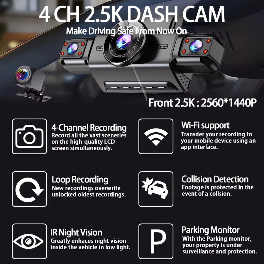 MYOLSD 2,5K 4-Kanal Dash Cam mit 360 Grad Rundumschutz, WIFI App Steuerung, Auto DVR mit Front- und Rückfahrkamera, Schwarz - Bild 2