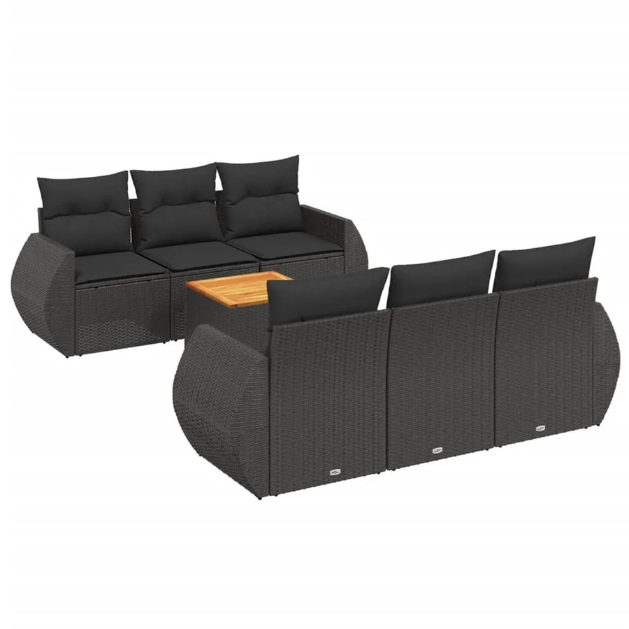 vidaXL 7-teilige Garten-Sofagarnitur aus Poly-Rattan und Akazienholz in Schwarz mit Kissen - Bild 2