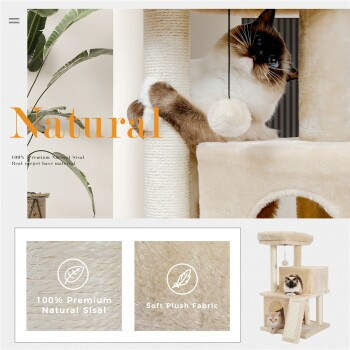 Pawz Road Kratzbaum für Katzen in Beige mit 3 Etagen, Höhle, Hängematte und integriertem Spielzeug - Bild 2