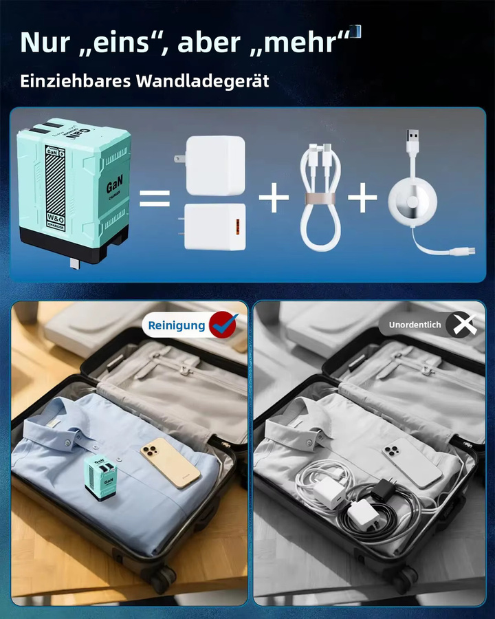 GaN 45W Wandladegerät mit Typ-C-Ausgang und einziehbarem Kabel, tragbares Dual-Port Ladegerät mit bis zu 65W Schnellladefunktion - Bild 6