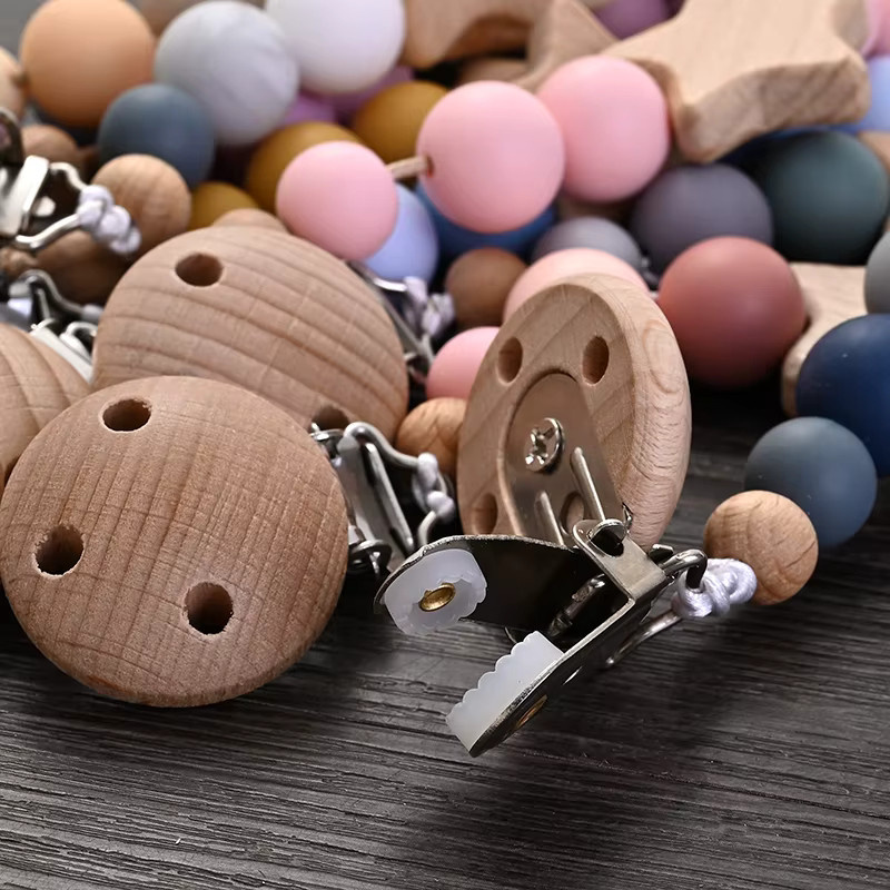 Baby Schnullerkette mit Beißring aus Holz und Silikon, Pentagramm-Design, Mehrfarbig - Bild 3