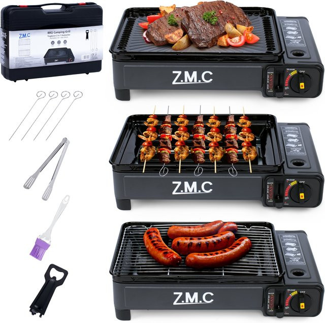Z.M.C 2-in-1 Campingkocher und Gasgrill mit 2,2 kW Leistung, Piezo-Zündung und LPG-Anschluss, Schwarz, Tragbar mit Koffer - Bild 1