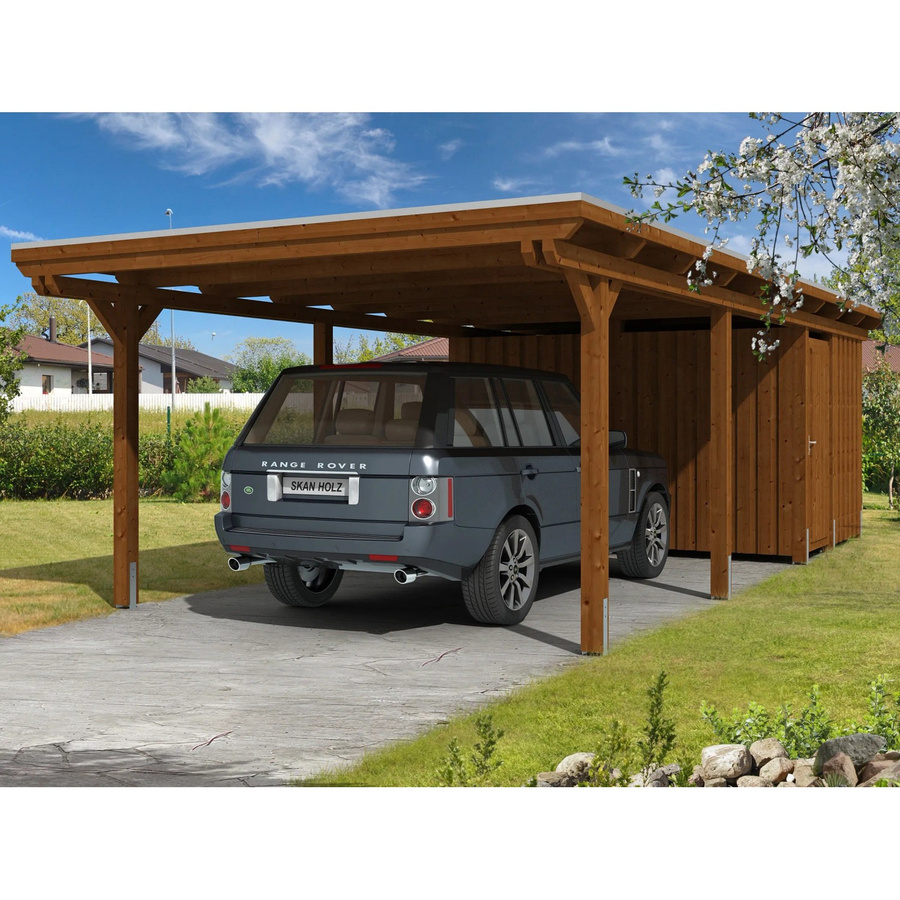 Skan Holz Carport Emsland mit EPDM Dachbahn und Abstellraum in Nussbaum Braun, B/T: 404 x 846 cm, Firsthöhe: 242 cm - Bild 2