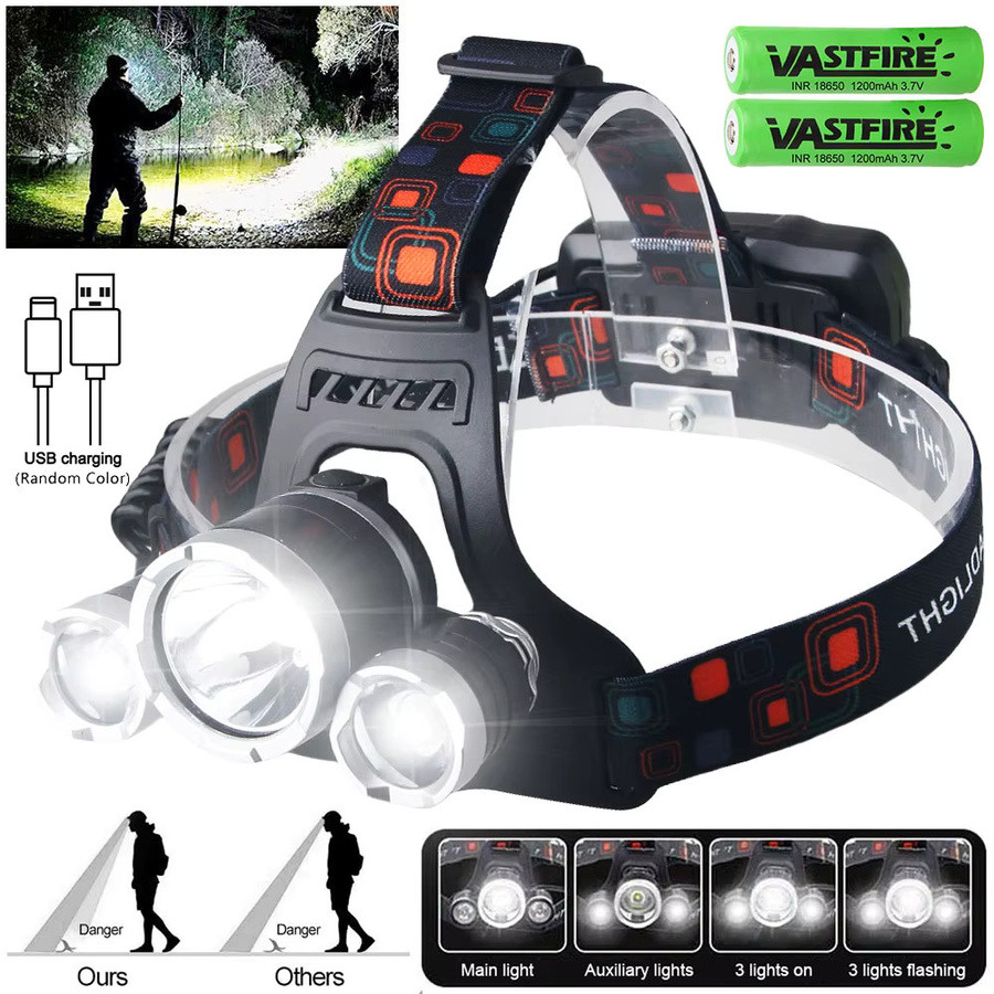 VASTFIRE LED-Stirnlampe mit RGB-Beleuchtung, USB wiederaufladbar, verstellbarer Scheinwerfer in Schwarz und Multicolour - Bild 3