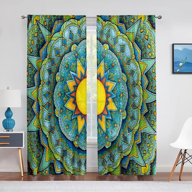 Mandala Bohemian Boho Tüllvorhang aus Chiffon in Grün und Blau, Breite: 100 cm, Höhe: 250 cm - Bild 1