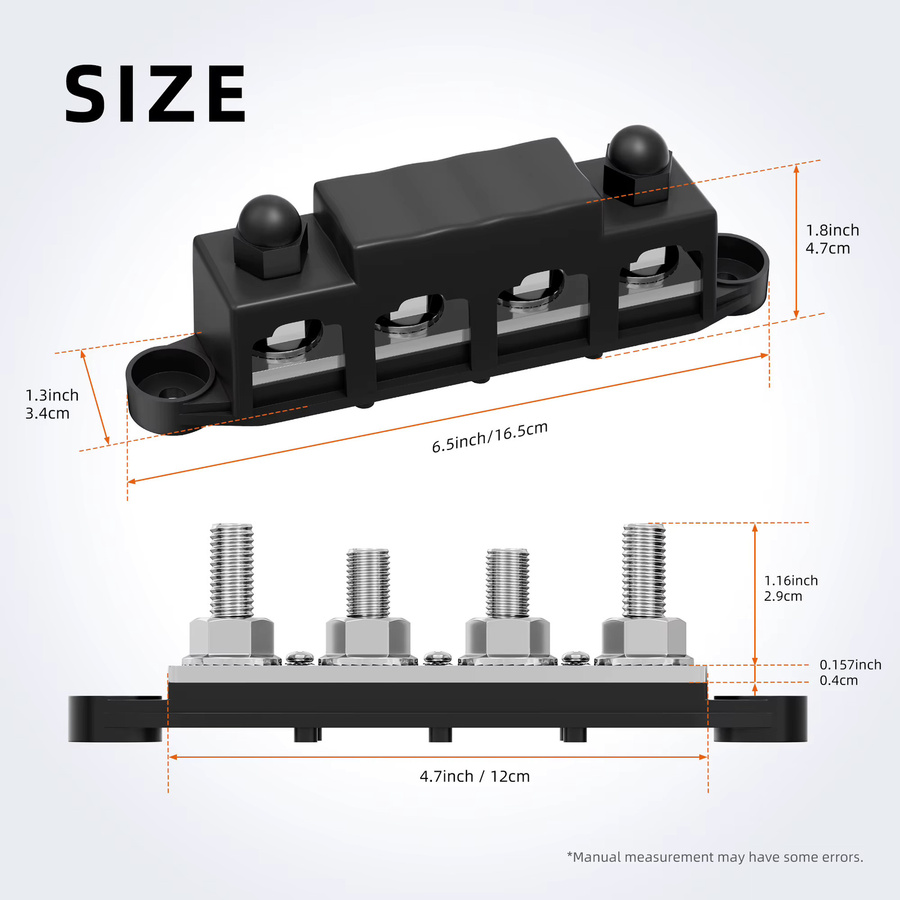 Stromverteilerblock 12V Sammelschiene für Auto und Solarverkabelung mit 5 x 1/4 Zoll M6 Bolzen, DC 250 A, Schwarz und Rot - Bild 2