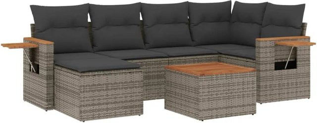 vidaXL 7-tlg Garten-Sofagarnitur in L-Form aus grauem Poly-Rattan mit Kissen und Akazienholz - Bild 1