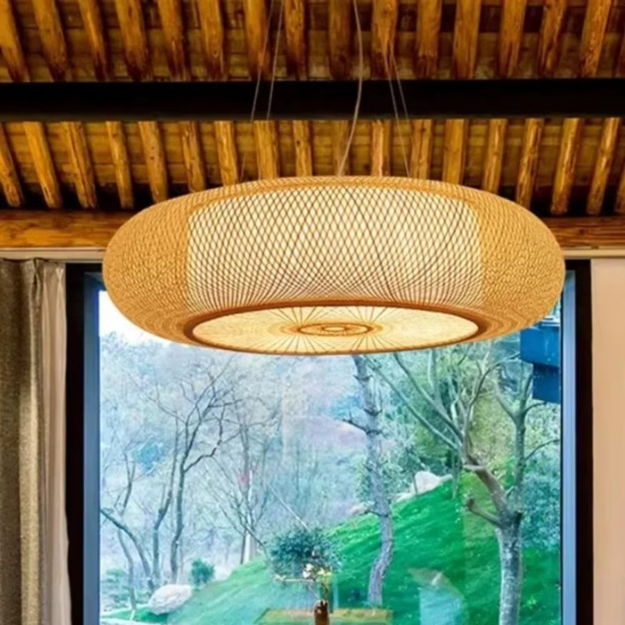 JOYINLED Vintage Pendelleuchte aus Bambus, runder Retro Kronleuchter in Braun, Durchmesser: 50 cm - Bild 3