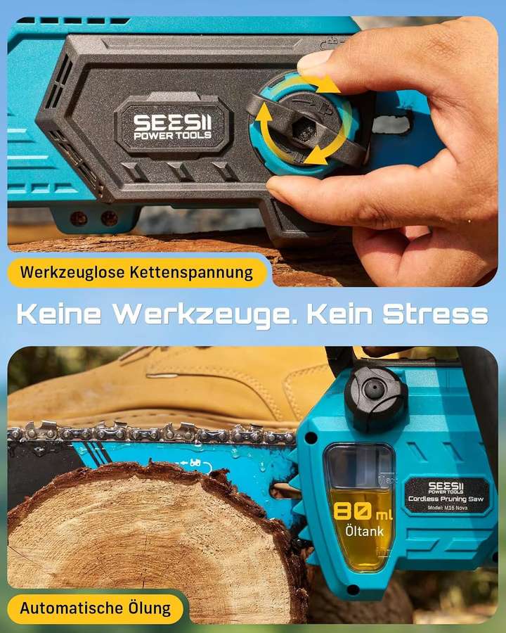 SEESII 40V 16-Zoll bürstenlose Kettensäge mit automatischer Ölschmierung, 2000W kabellose elektrische Säge in Blau, kompatibel mit Makita 18V Akku - Bild 6