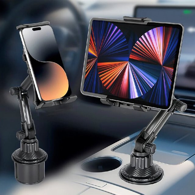 Universal Auto Becherhalter und Tablet-Ständer in Schwarz für Smartphones, Handys und iPads bis 11 Zoll - Bild 1