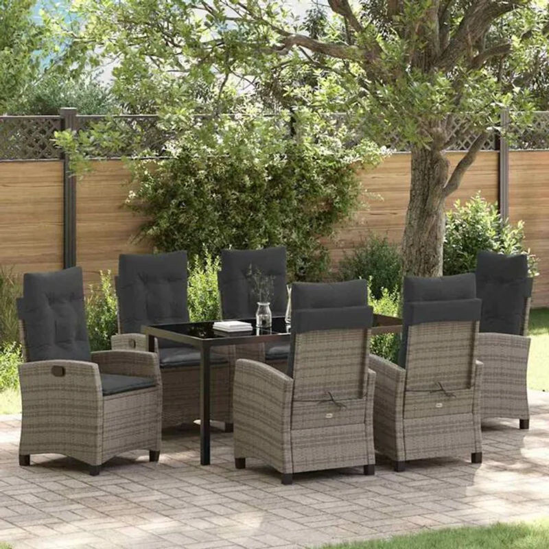 Modernes Gartenmöbel-Set aus Polyrattan in Grau von vidaXL, 7-teilige Essgruppe mit Glas und Polstern - Bild 1