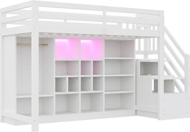 Merax Hochbett für Kinder mit LED-Unterbettbeleuchtung, Schrank und Treppe, Weiß - Bild 1