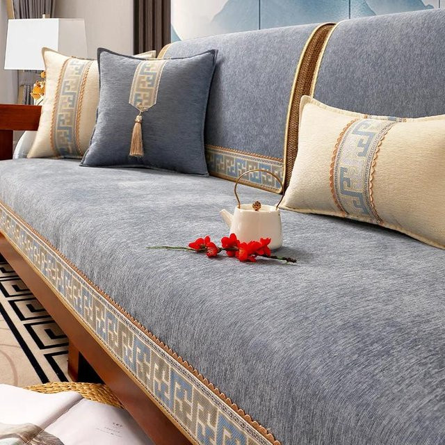 Rutschfester Chenille Sesselbezug im chinesischen Stil, Blau, B/T/H: 70 x 70 x 70 cm - Bild 1