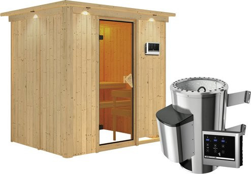 Karibu Sauna Kircholm aus Fichtenholz in Beige inklusive 3,6 kW Saunaofen mit externer Steuerung für 3 Personen, B: 202,0 cm, T: 165,0 cm, H: 210,0 cm - Bild 1