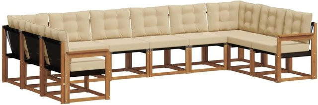 vidaXL Outdoor-Sofagarnitur in L-Form aus Akazienholz mit Textilene und Kissen, 10-teiliges Set, Natur und Beige - Bild 1