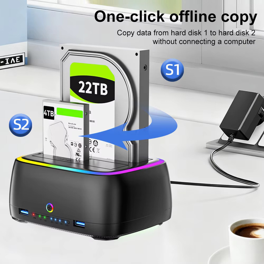 Kebidu 7-in-1 Dual-Bay Festplattenstation USB 3.0 SATA HDD-Dockingstation für 2,5 und 3,5 Zoll HDD/SSD mit Offline-Klon-Funktion und TF/SD-Kartenleser, Schwarz - Bild 2