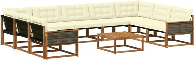 vidaXL Outdoor-Sofagarnitur in L-Form aus massivem Akazienholz mit 10 Textilene-Kissen in Beige und Natur - Bild 1