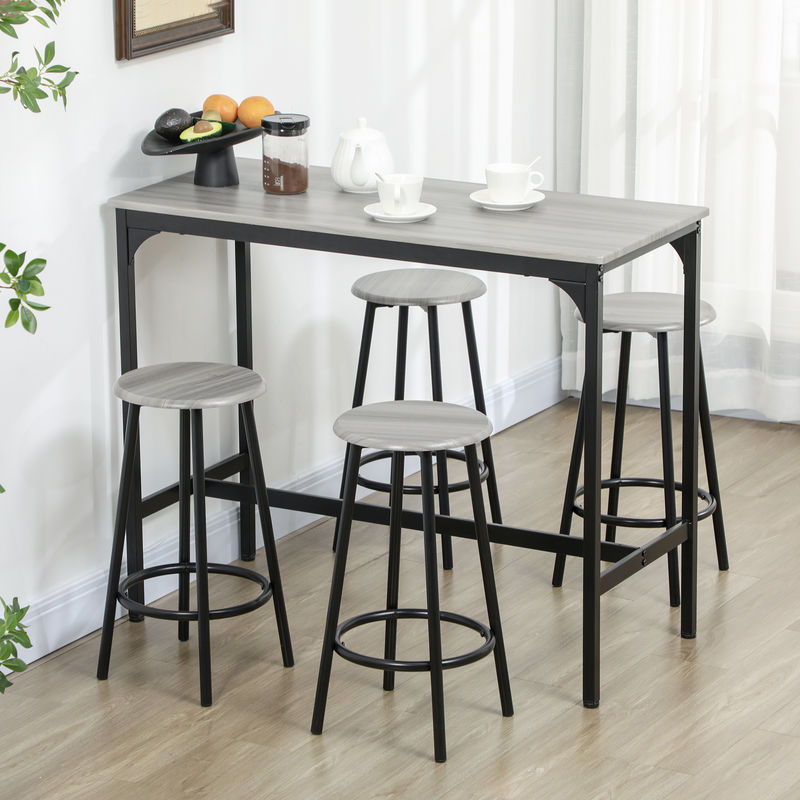 HOMCOM Bartisch mit 4 Barhockern Set, 5-teilige Essgruppe im Industriedesign für Küche und Esszimmer, Grau - Bild 2