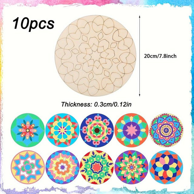 WTEMPO Mandala Punktmalerei Holz Bastelset mit geometrischen Designs, 10 Stück unfertige Holzausschnitte zum Selberbemalen, beige - Bild 1