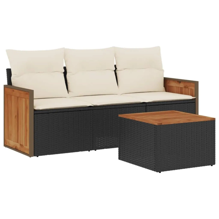 vidaXL 4-teilige Garten-Sofagarnitur aus Poly-Rattan und Akazienholz in Schwarz mit Kissen in Cremeweiß - Bild 2